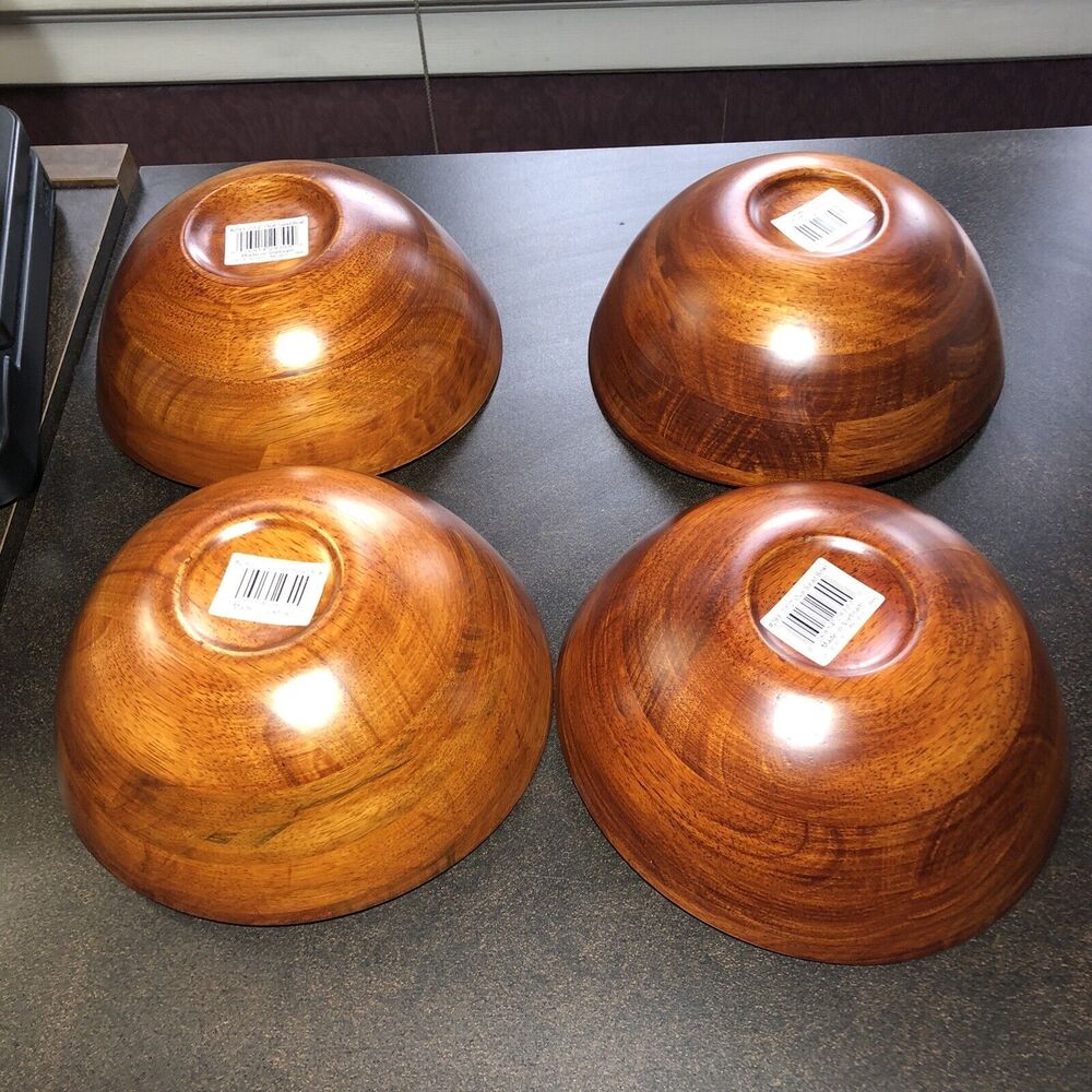 7 Piece  Salad Set Cherrywood Large Wavy Salad Bowl with Servers 4 Indiv Bowls - Picture 11 of 14